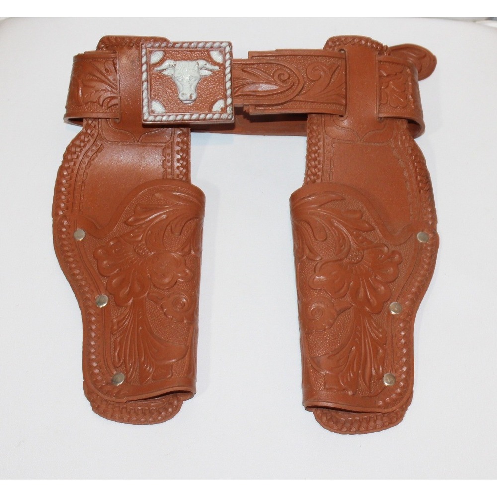 vintage 1978 CBS Toys cap gun double holster belt western brown steer buckle